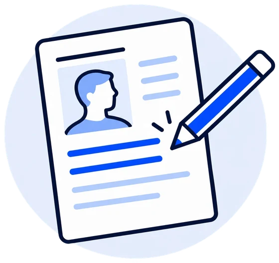Illustration eines Biografie-Blatts mit Porträt, das mit einem Stift korrigiert wird